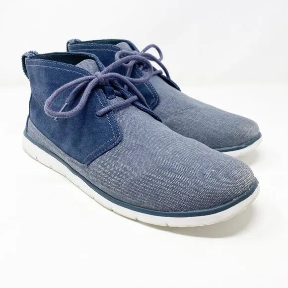 UggBlue Suede &amp; Canvas Chukka Boots Men's Size 12 EUC Lace Up Shearling Footbed