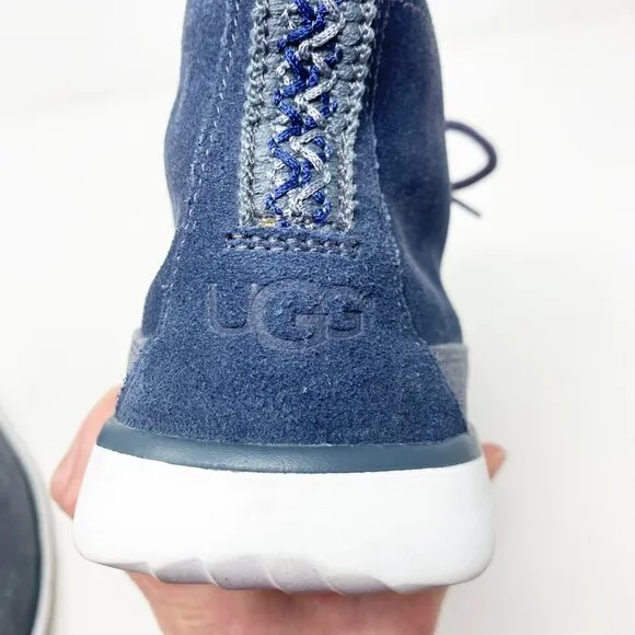 UggBlue Suede &amp; Canvas Chukka Boots Men's Size 12 EUC Lace Up Shearling Footbed
