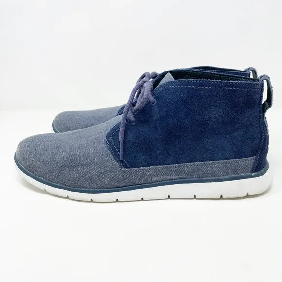 UggBlue Suede &amp; Canvas Chukka Boots Men's Size 12 EUC Lace Up Shearling Footbed