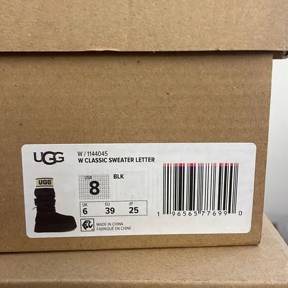 UGG Classic Sweater Letter Boots Black USA Women Size 8/UK 6/EU 39(MSRP$250)