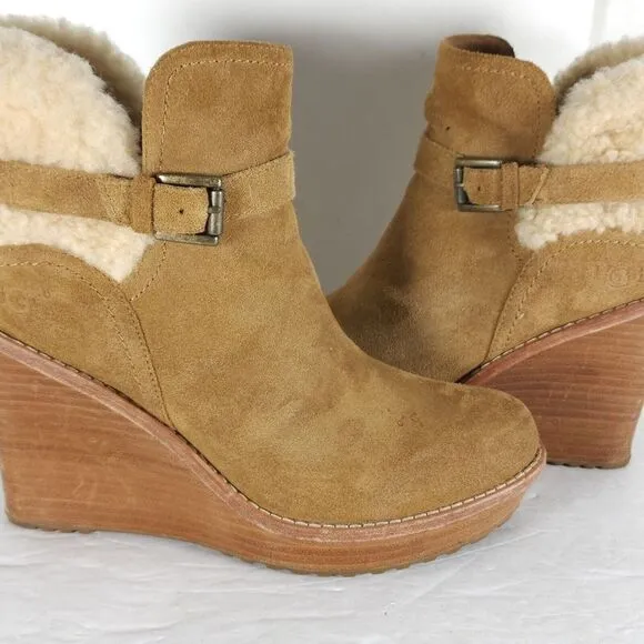 UGG Women's Anais US9 Chestnut Suede Sheepskin Wedge Shearling Boots Booties