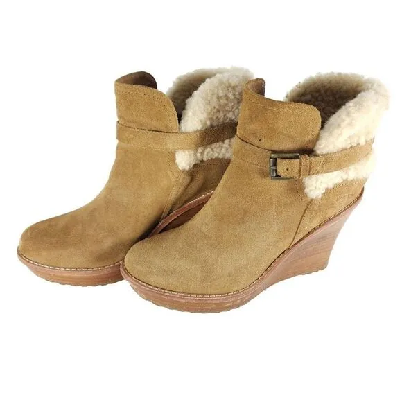 UGG Women's Anais US9 Chestnut Suede Sheepskin Wedge Shearling Boots Booties