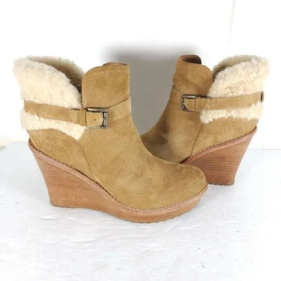 UGG Women's Anais US9 Chestnut Suede Sheepskin Wedge Shearling Boots Booties