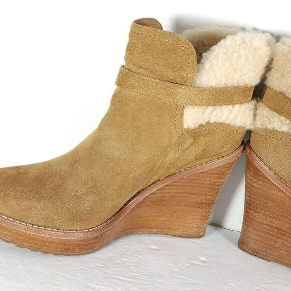 UGG Women's Anais US9 Chestnut Suede Sheepskin Wedge Shearling Boots Booties