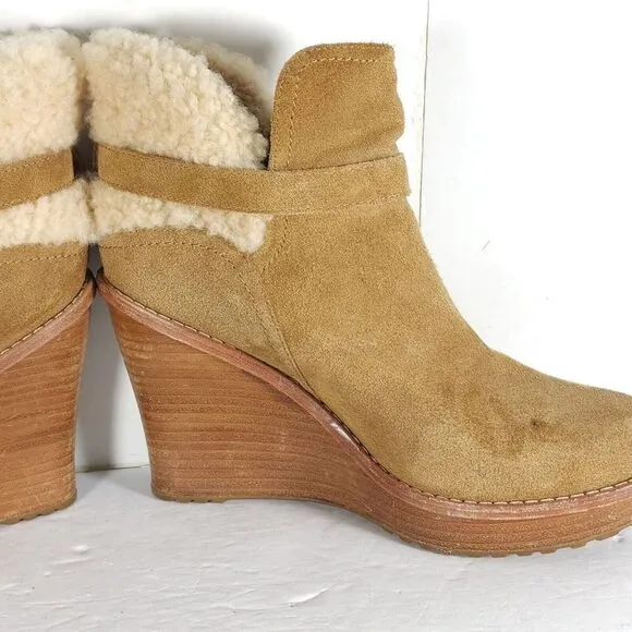 UGG Women's Anais US9 Chestnut Suede Sheepskin Wedge Shearling Boots Booties