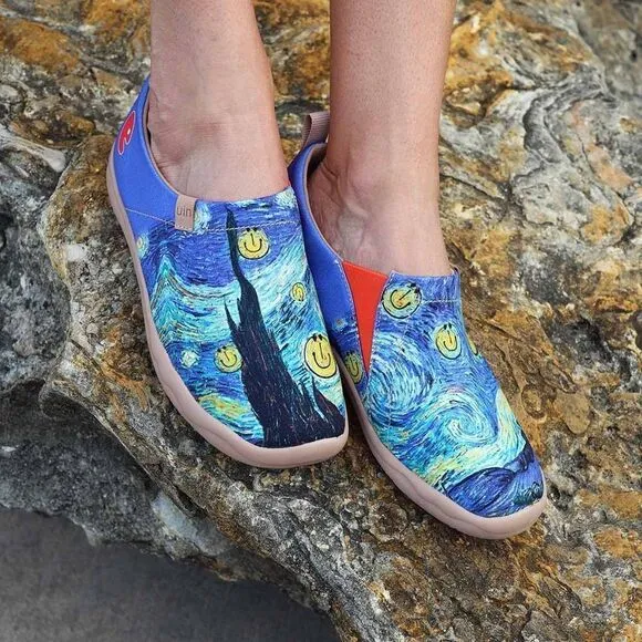 UIN Men's Slip Ons Lightweight Walking Casual Loafers Shoes (Smiley Night)