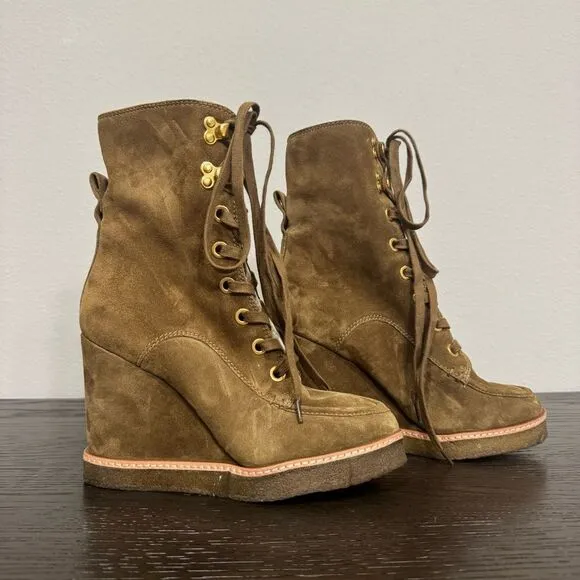 Veronica Beard Ananya Wedge Boots Lace Up Leather Suede Shearling Size 7