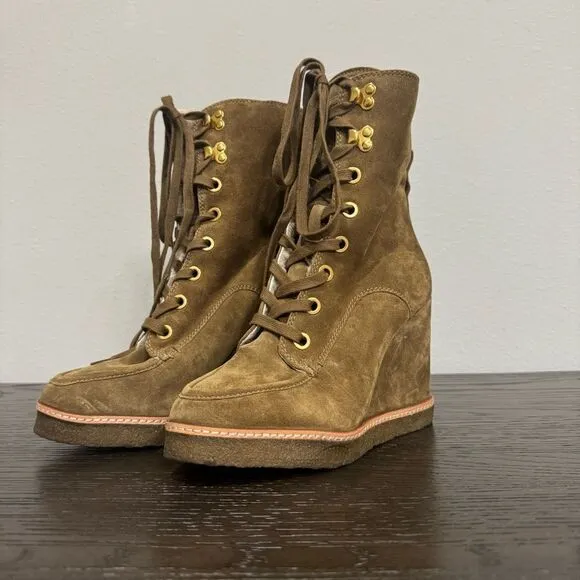 Veronica Beard Ananya Wedge Boots Lace Up Leather Suede Shearling Size 7