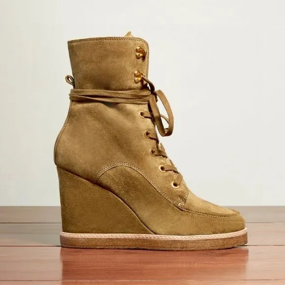 Veronica Beard Ananya Wedge Boots Lace Up Leather Suede Shearling Size 7