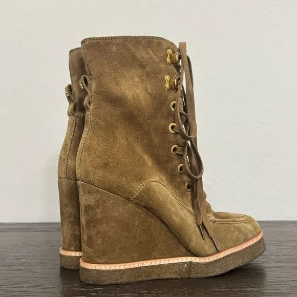Veronica Beard Ananya Wedge Boots Lace Up Leather Suede Shearling Size 7