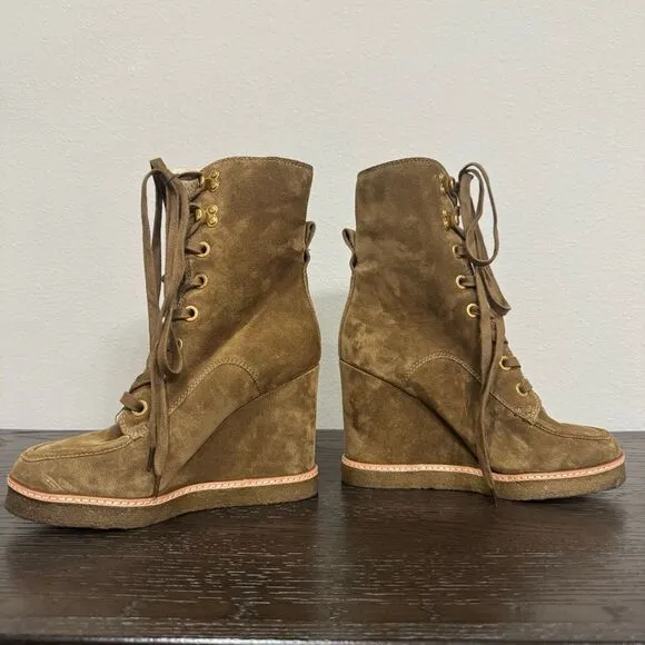 Veronica Beard Ananya Wedge Boots Lace Up Leather Suede Shearling Size 7