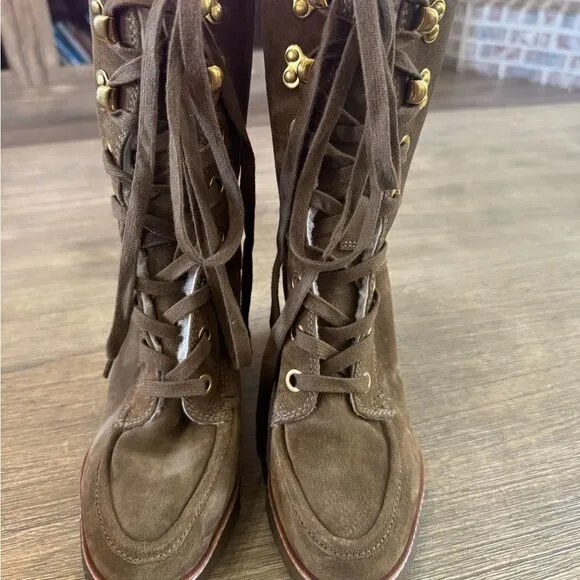 Veronica Beard Ananya Wedge Boots Lace Up Leather Suede Shearling Size 7