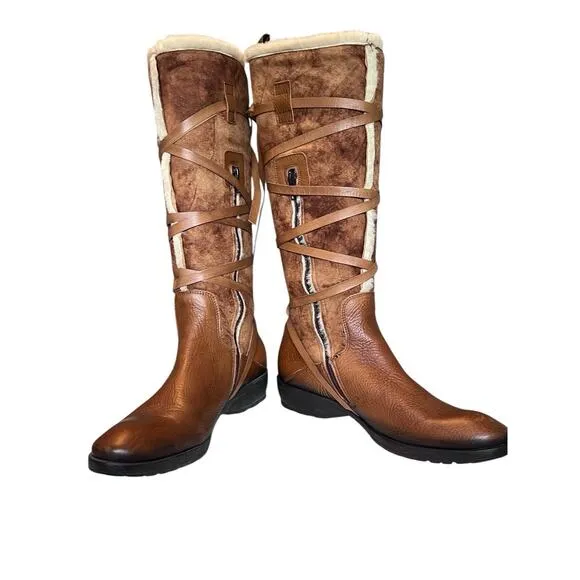 Vic Matie Women’s Size 39 Brown Leather Shearling Lined Boots Strap Designer