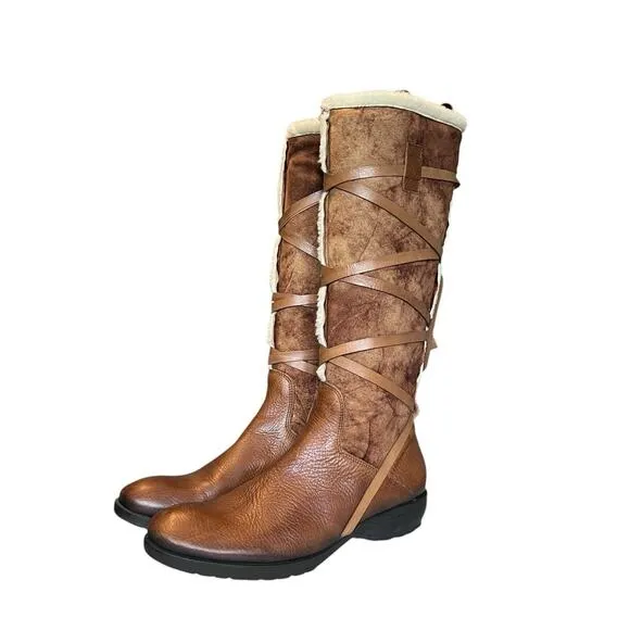 Vic Matie Women’s Size 39 Brown Leather Shearling Lined Boots Strap Designer