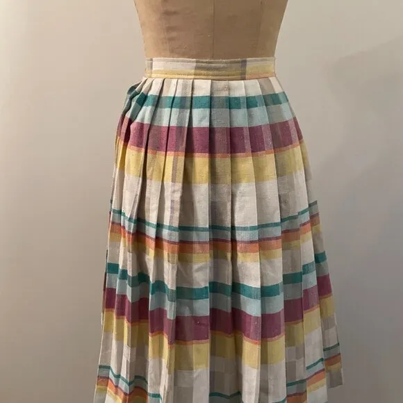 Vintage 1970s Gaytown Rainbow Plaid Pleated Midi Skirt Academia Fit and Flare XS