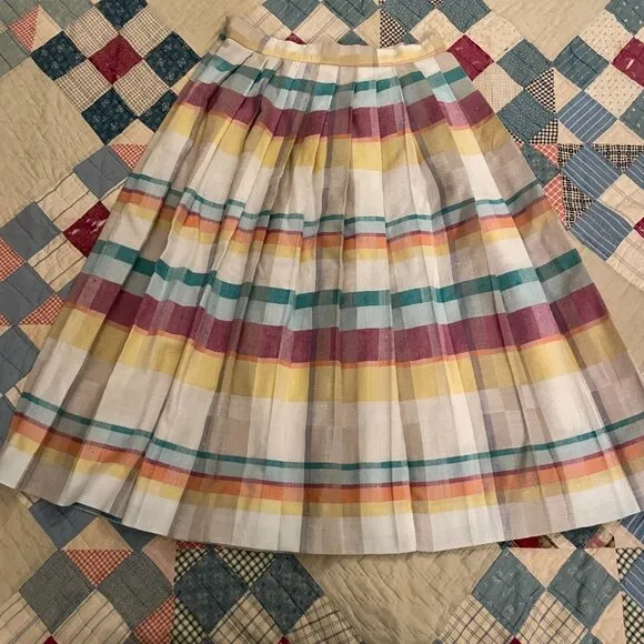 Vintage 1970s Gaytown Rainbow Plaid Pleated Midi Skirt Academia Fit and Flare XS
