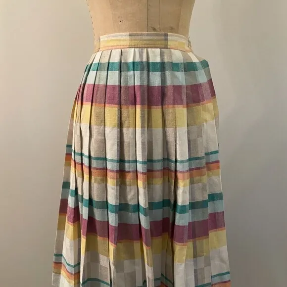 Vintage 1970s Gaytown Rainbow Plaid Pleated Midi Skirt Academia Fit and Flare XS