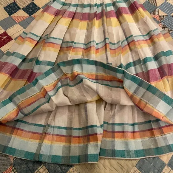 Vintage 1970s Gaytown Rainbow Plaid Pleated Midi Skirt Academia Fit and Flare XS