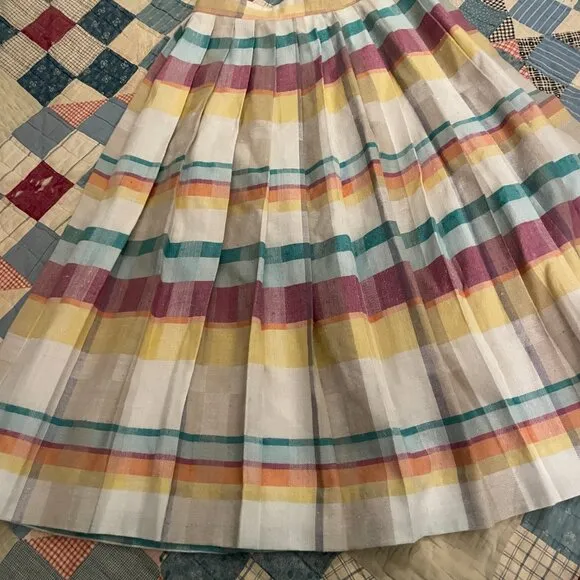 Vintage 1970s Gaytown Rainbow Plaid Pleated Midi Skirt Academia Fit and Flare XS