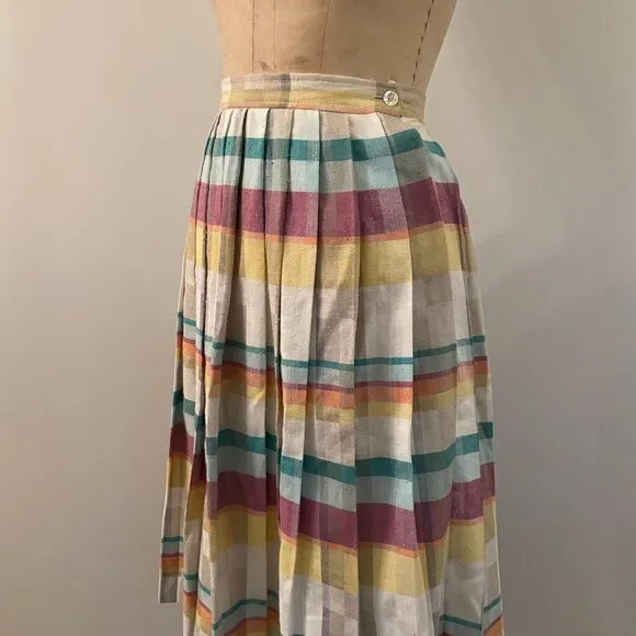 Vintage 1970s Gaytown Rainbow Plaid Pleated Midi Skirt Academia Fit and Flare XS