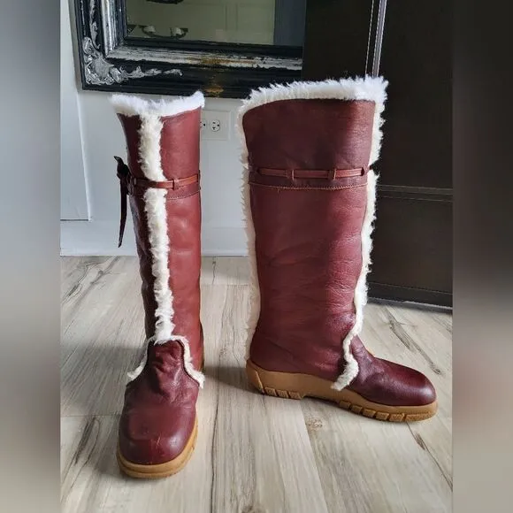Vintage Husky Bastien Womens Pull On Leather Faux Sherpa Boots Shearling Size 9M