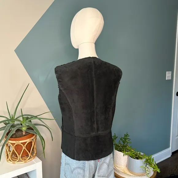 Vintage Suede Shearling Vest Y2K Boho Western Raw Edge Leather Layering Size 8
