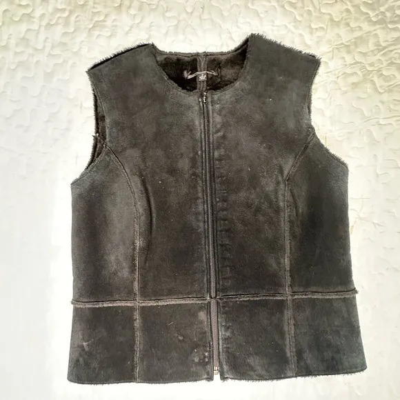 Vintage Suede Shearling Vest Y2K Boho Western Raw Edge Leather Layering Size 8