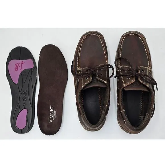 Vionic Boat Deck Shoe Brown Eddy Orthaheel Leather Loafers Slip On Men's 8.5