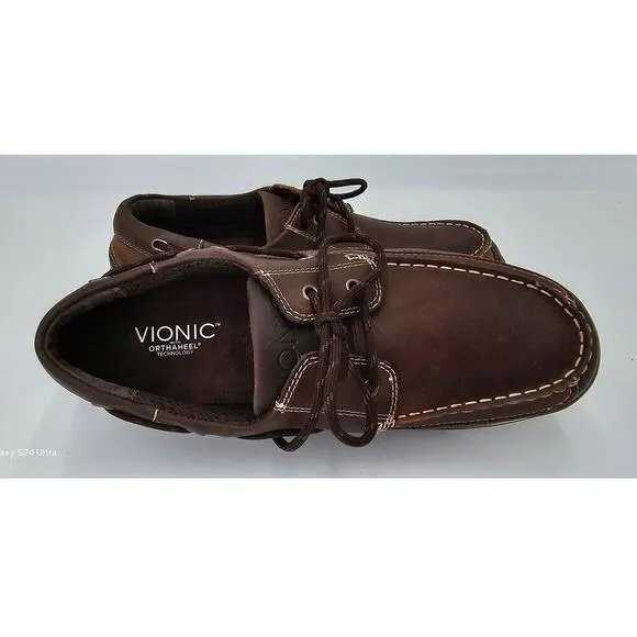 Vionic Boat Deck Shoe Brown Eddy Orthaheel Leather Loafers Slip On Men's 8.5