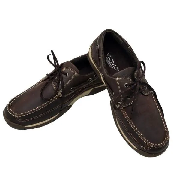 Vionic Boat Deck Shoe Brown Eddy Orthaheel Leather Loafers Slip On Men's 8.5