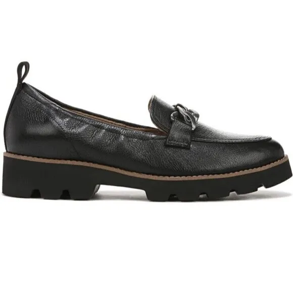 Vionic Charm Cynthia Lug‎ Sole Slip Black Loafers Leather Shoes Womens 6.5 New