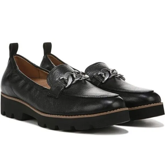 Vionic Charm Cynthia Lug‎ Sole Slip Black Loafers Leather Shoes Womens 6.5 New