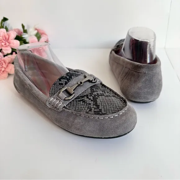 VIONIC DAYNA Grey Suede Leather Snakeskin Print Horsebit Loafers