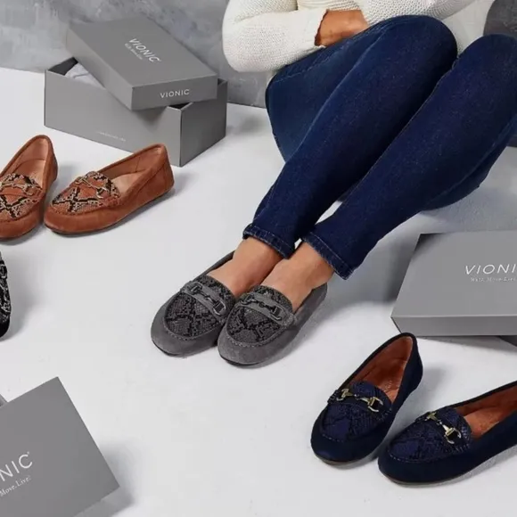 VIONIC DAYNA Grey Suede Leather Snakeskin Print Horsebit Loafers