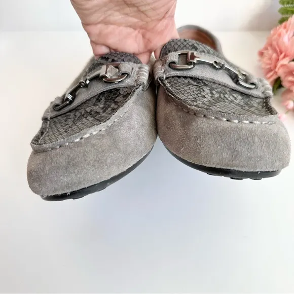VIONIC DAYNA Grey Suede Leather Snakeskin Print Horsebit Loafers