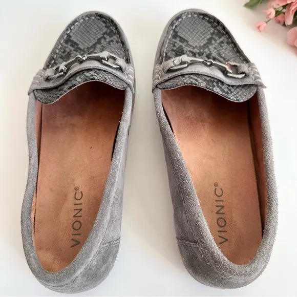 VIONIC DAYNA Grey Suede Leather Snakeskin Print Horsebit Loafers