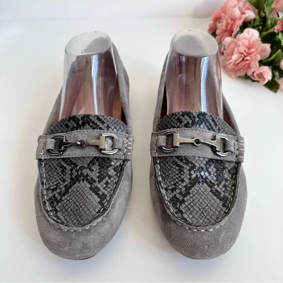 VIONIC DAYNA Grey Suede Leather Snakeskin Print Horsebit Loafers