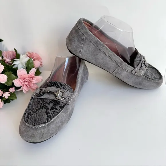 VIONIC DAYNA Grey Suede Leather Snakeskin Print Horsebit Loafers