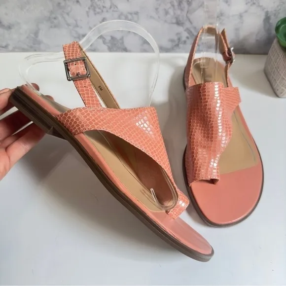 Vionic Ella pink lizard reptile leather asymmetrical slingback sandals