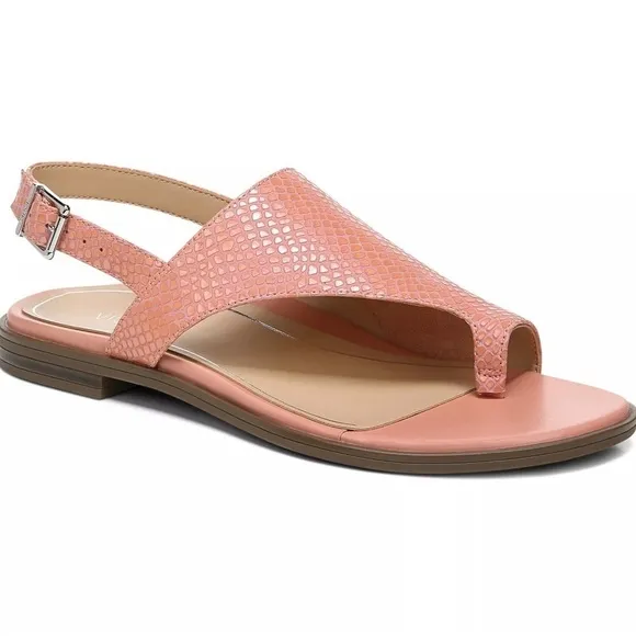 Vionic Ella pink lizard reptile leather asymmetrical slingback sandals