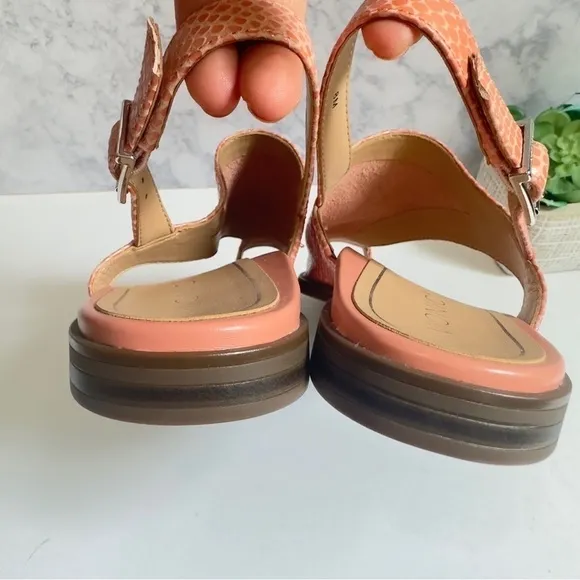 Vionic Ella pink lizard reptile leather asymmetrical slingback sandals