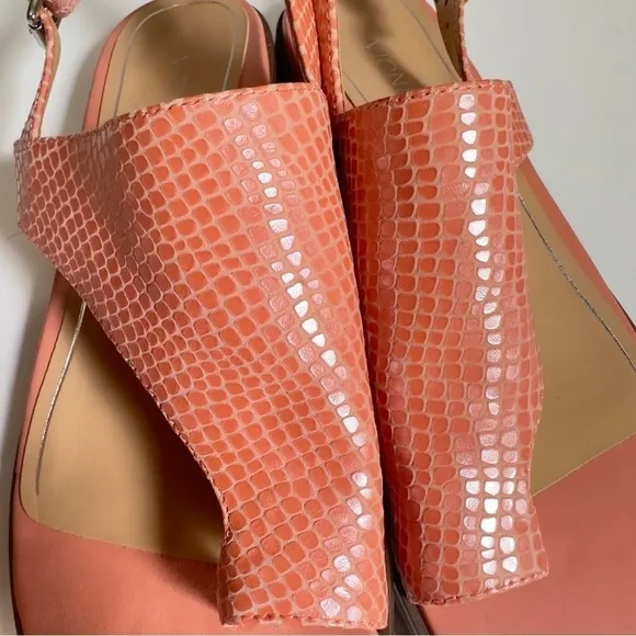 Vionic Ella pink lizard reptile leather asymmetrical slingback sandals
