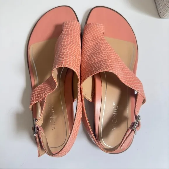 Vionic Ella pink lizard reptile leather asymmetrical slingback sandals