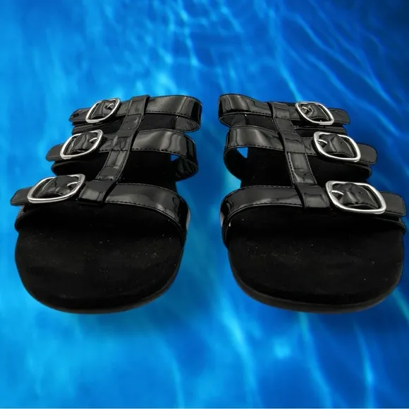Vionic Glossy Black Patent MISA SLIDE SANDALS Size 9