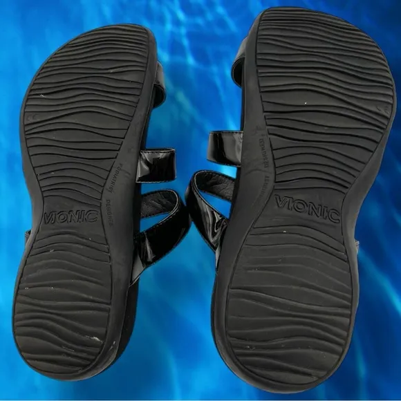 Vionic Glossy Black Patent MISA SLIDE SANDALS Size 9