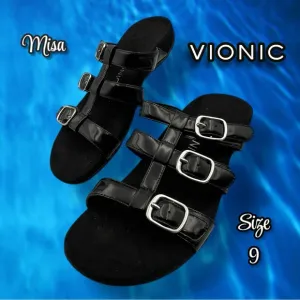 Vionic Glossy Black Patent MISA SLIDE SANDALS Size 9