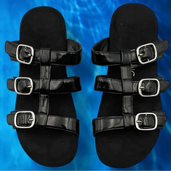 Vionic Glossy Black Patent MISA SLIDE SANDALS Size 9