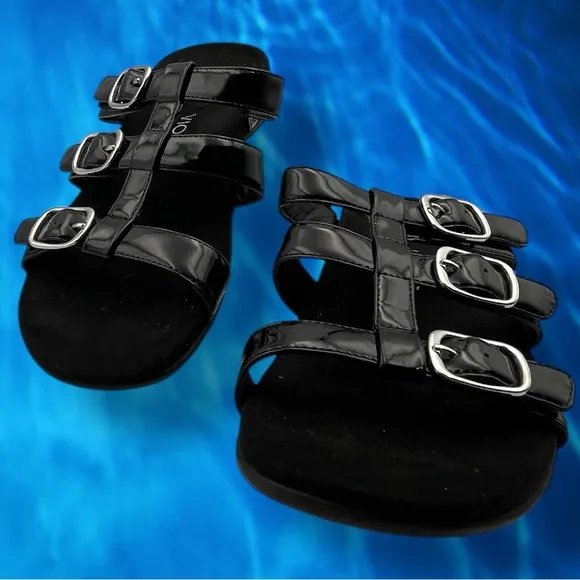Vionic Glossy Black Patent MISA SLIDE SANDALS Size 9