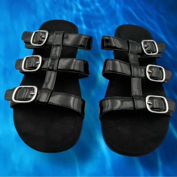 Vionic Glossy Black Patent MISA SLIDE SANDALS Size 9