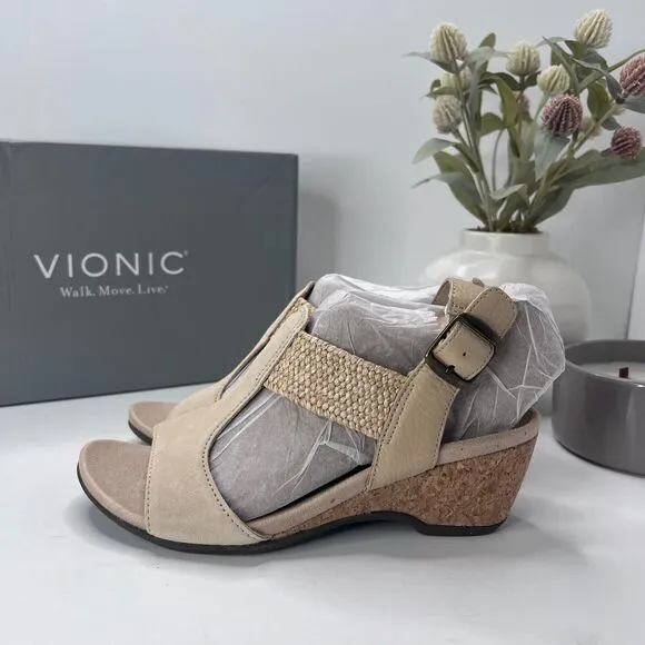 Vionic Kaytie Suede Wedge Sandals Semolina Beige Buckle Strap Women's US 5 NWB